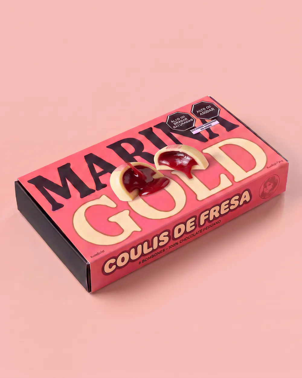 Caja Coulis de fresa de Marina Gold cerrada, con su faja rosada