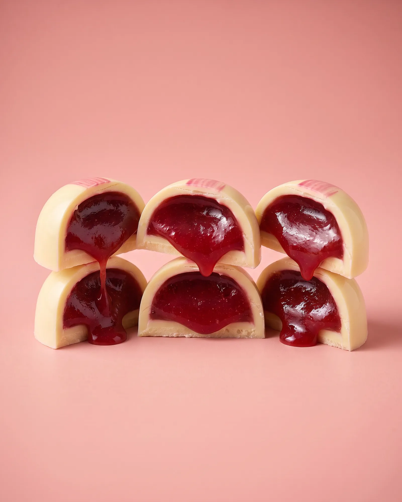 Tres bombones de chocolate blanco partidos, con las mitades lado a lado mostrando el relleno de coulis de fresa