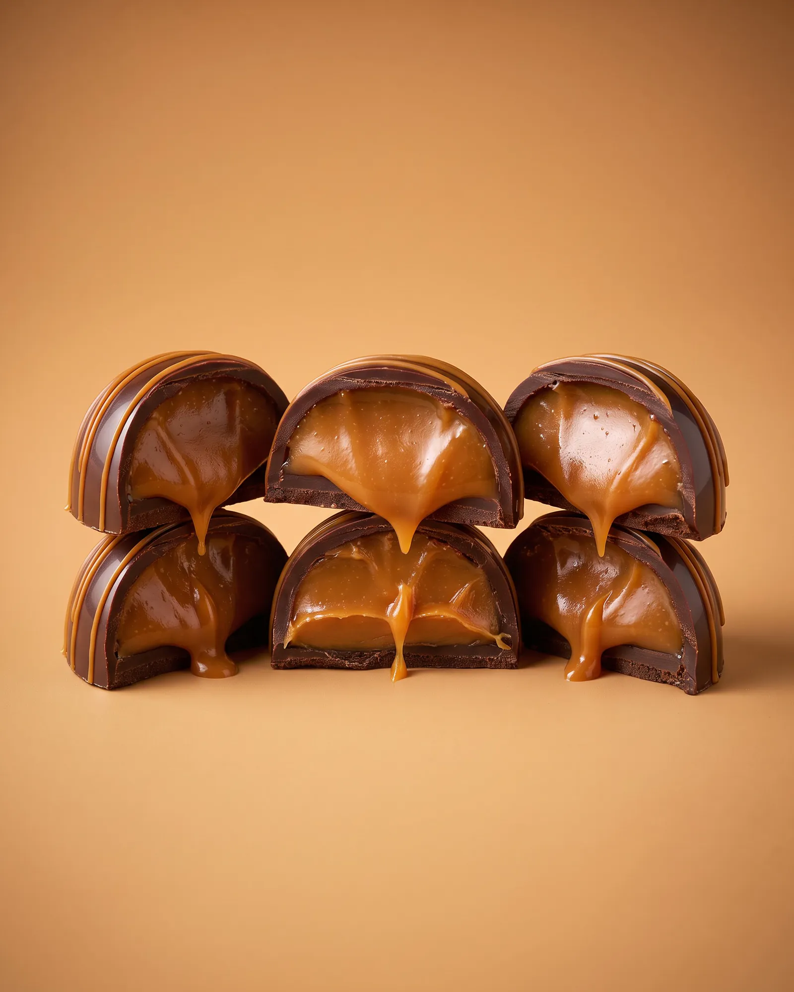 Tres bombones de chocolate negro partidos, con las mitades lado a lado mostrando el relleno de manjar de olla