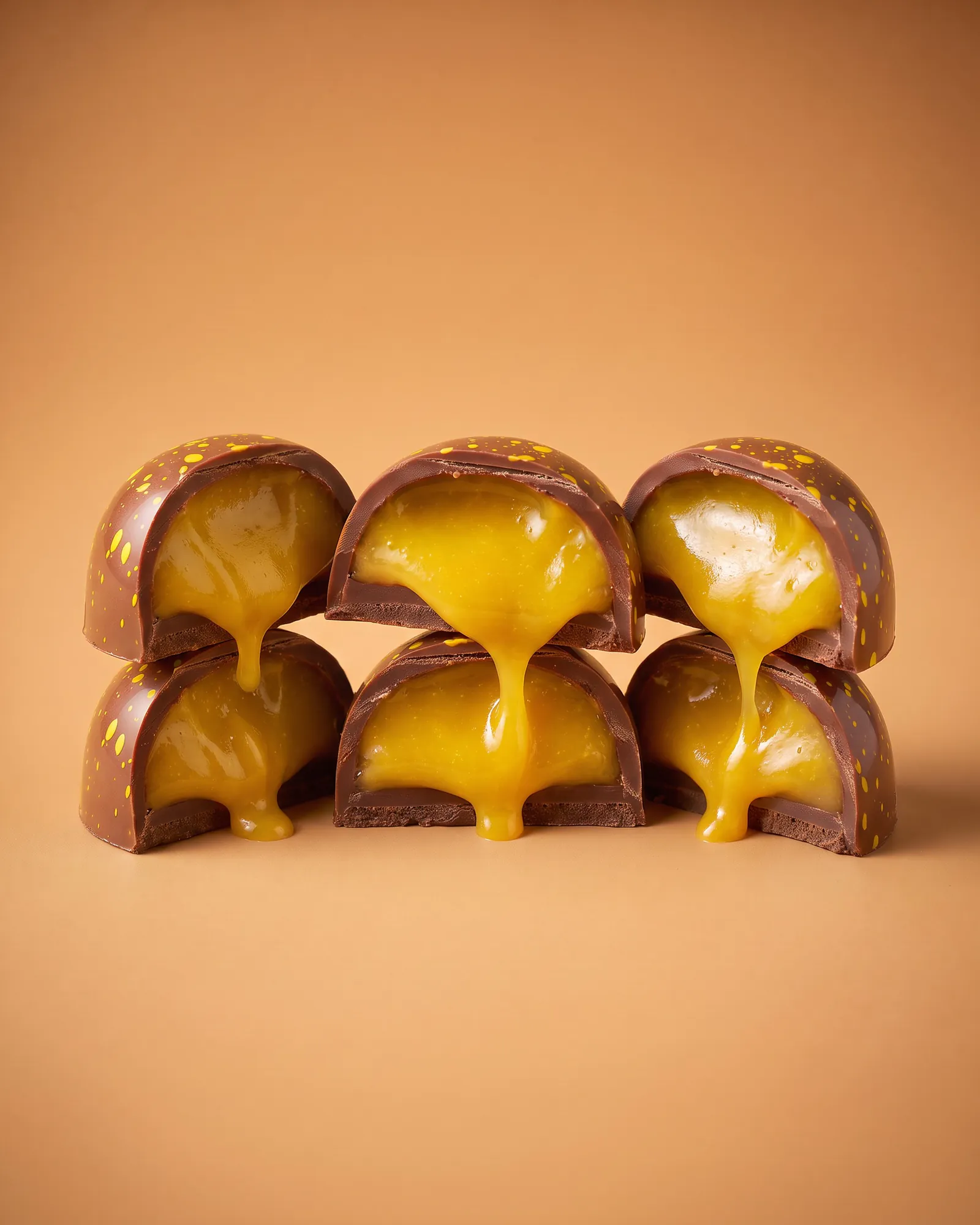 Tres bombones de chocolate de leche partidos, con las mitades lado a lado mostrando el relleno de maracuyá