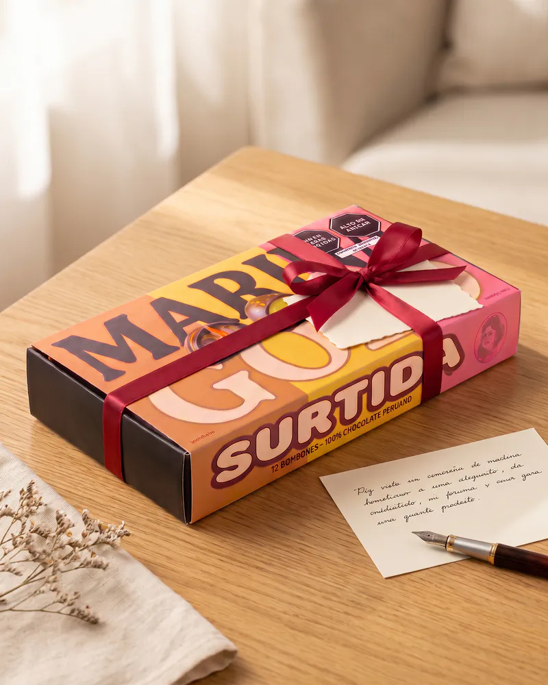 Caja Surtida con cinta roja y una tarjeta escrita a mano sobre una mesa de madera