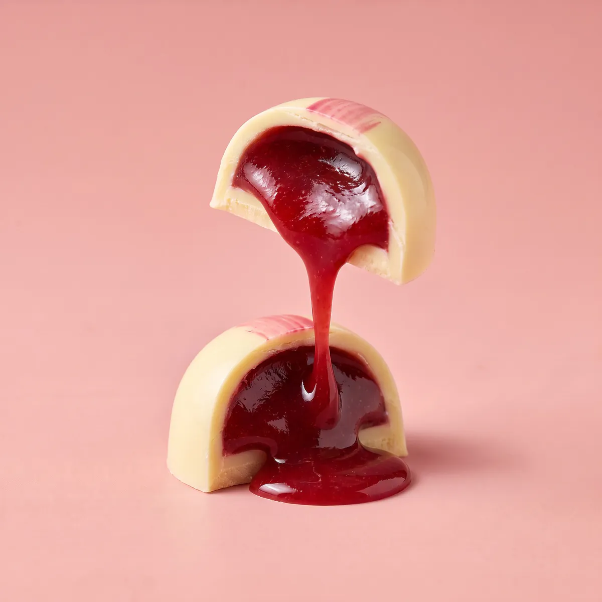 Bombón de chocolate blanco partido en dos, con el coulis de fresa rojo escurriendo