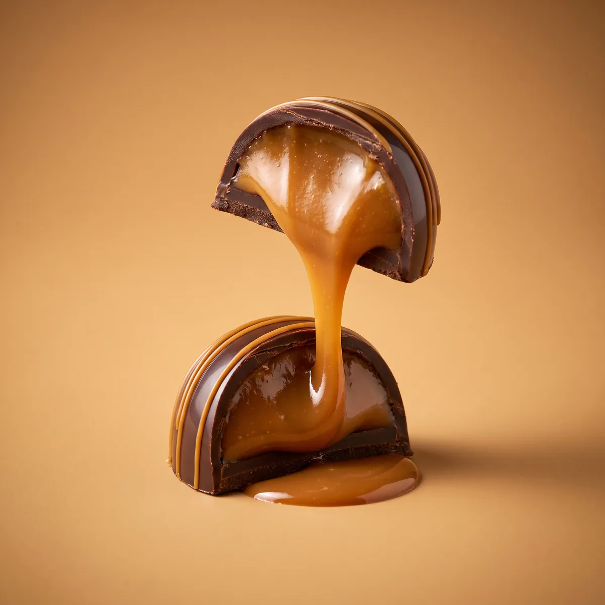Bombón de manjar de olla en chocolate negro partido en dos, con el manjar escurriendo entre las mitades