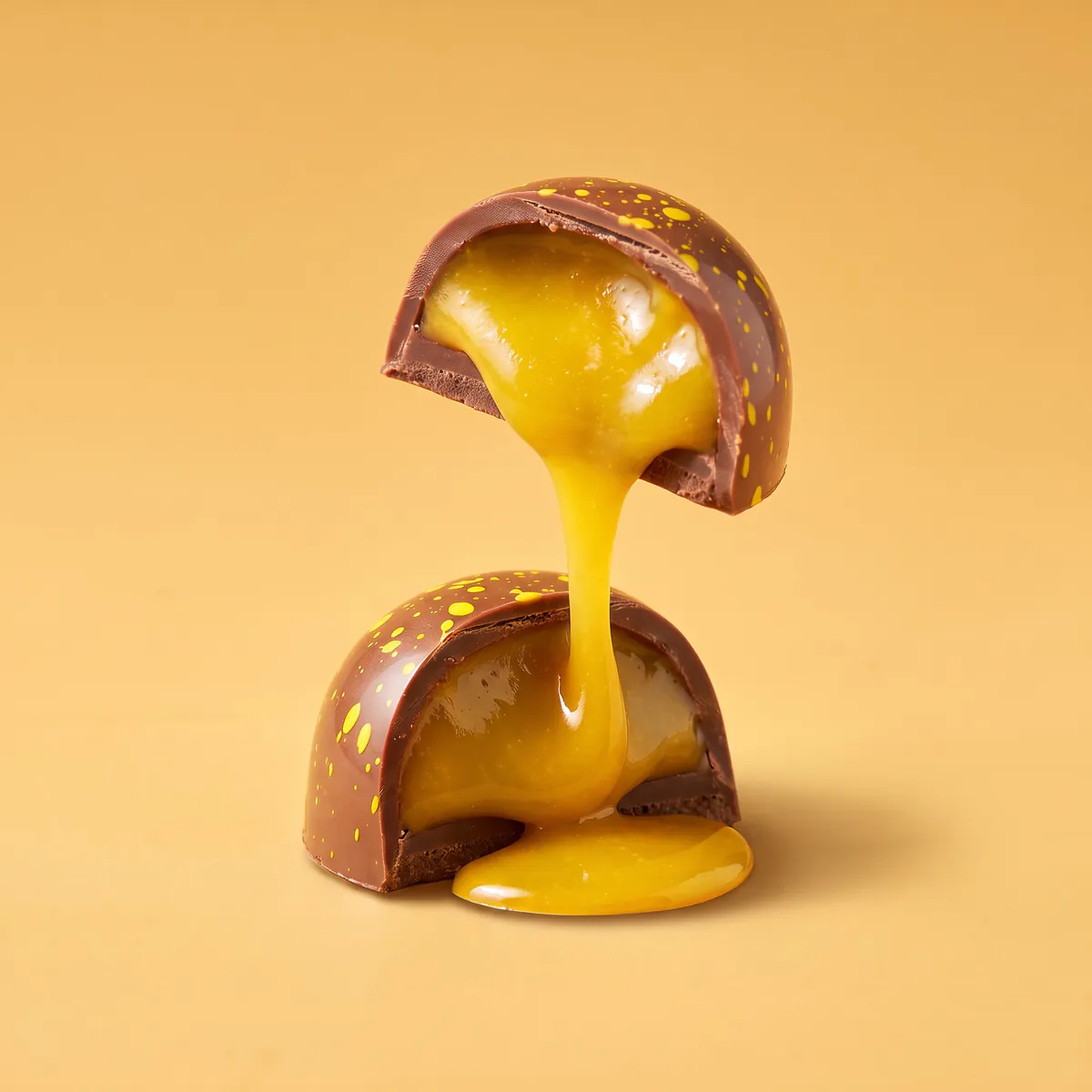 Bombón de maracuyá en chocolate de leche con puntos dorados, partido en dos y con el relleno amarillo escurriendo